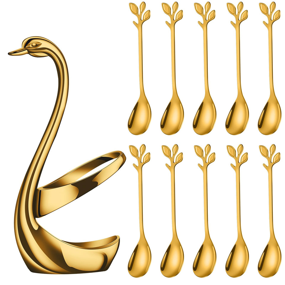 AnSaw gold swan base holder featuring ten spoons for elegant table setup