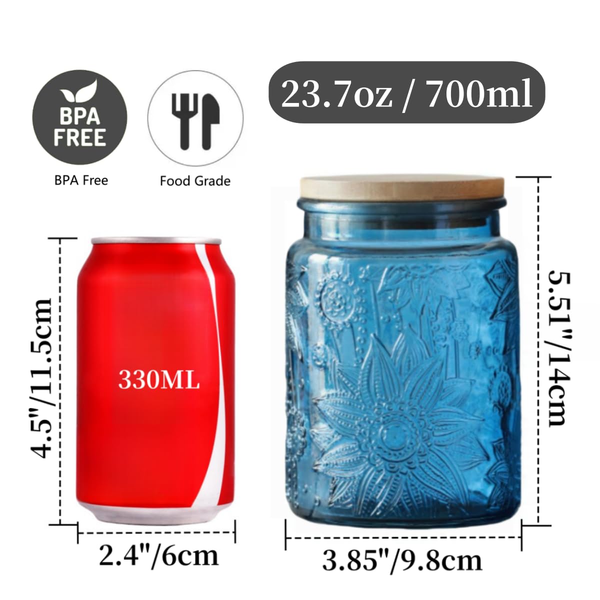 ANSQU blue glass jar showing the airtight bamboo lid for freshness.