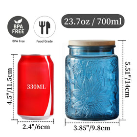 ANSQU blue glass jar showing the airtight bamboo lid for freshness.