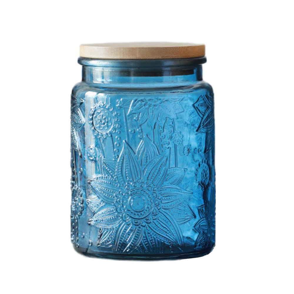 ANSQU blue glass jar with sunflower emboss, decorative and pantry-friendly.