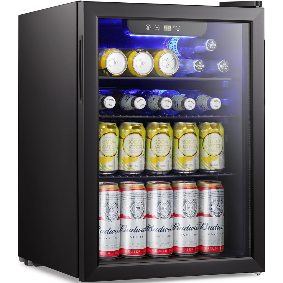 Antarctic Star beverage fridge with glass door showing 95-can capacity for easy access.
