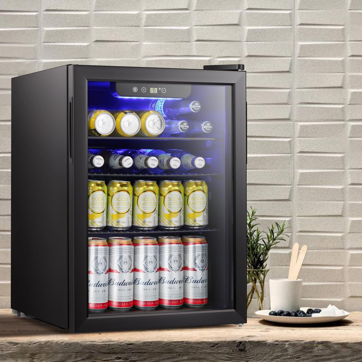 Removable shelves on Antarctic Star fridge adapt interior space for taller bottles.