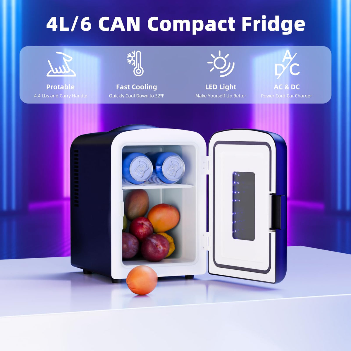 Antarctic Star mini fridge with 4L capacity holds six 12 oz cans.