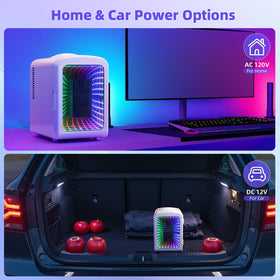 AC/DC power options on Antarctic Star mini-fridge for home or car use.