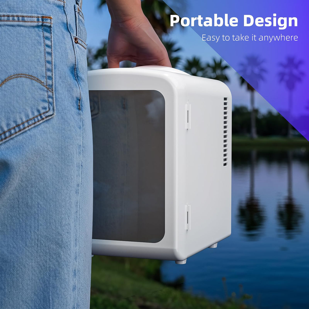 Removable shelf in Antarctic Star mini-fridge enables flexible cosmetics and snack storage.