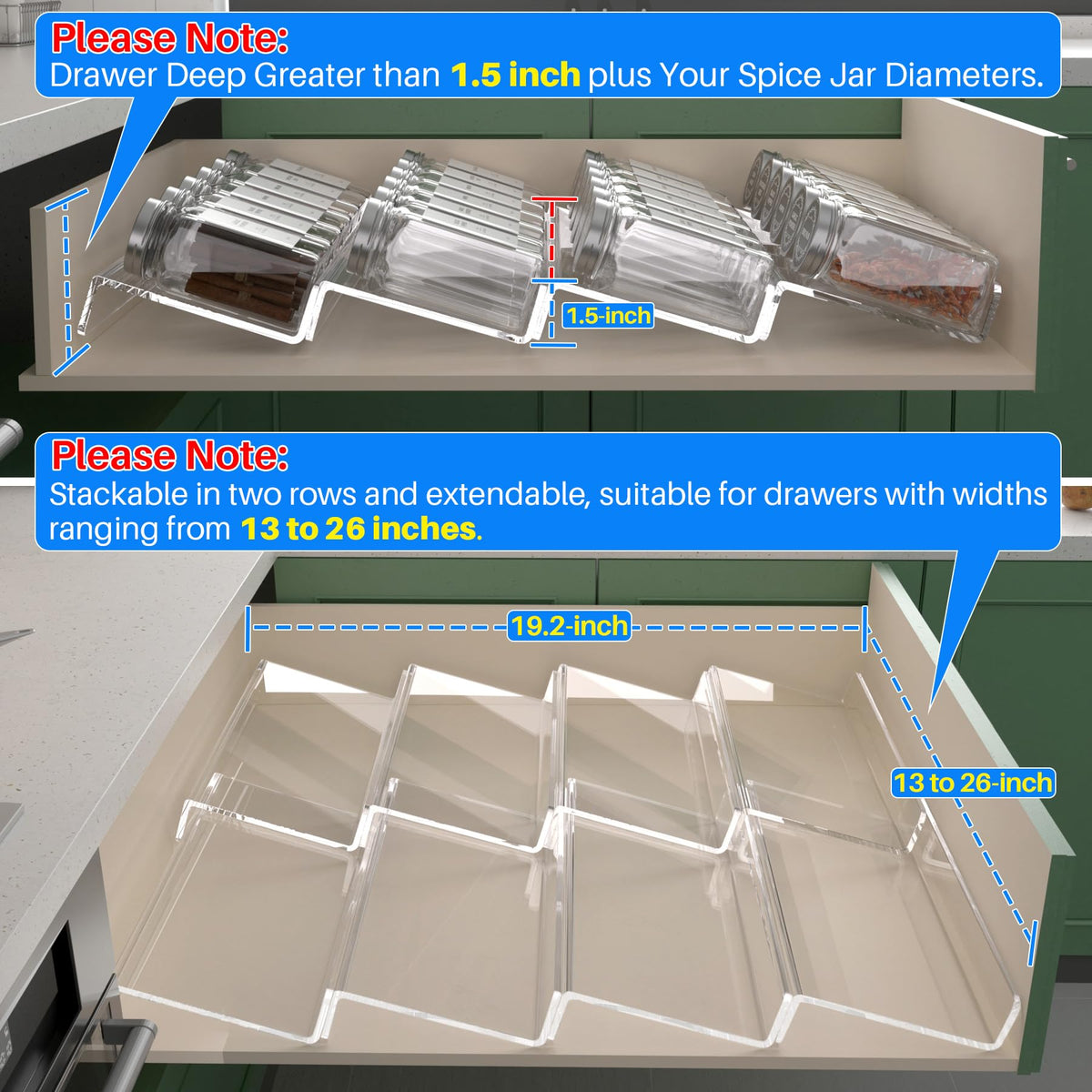 Antimbee clear acrylic tray holds up to 56 jars for organized kitchen storage.