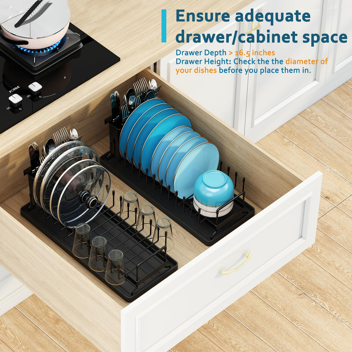 ANTOPY dish rack shown in a cabinet-friendly setup saving countertop space