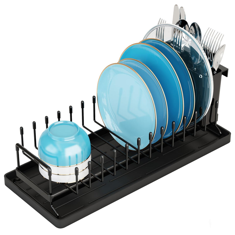 ANTOPY small dish drying rack beside sink showing a 12-slot plate holder for organized drying