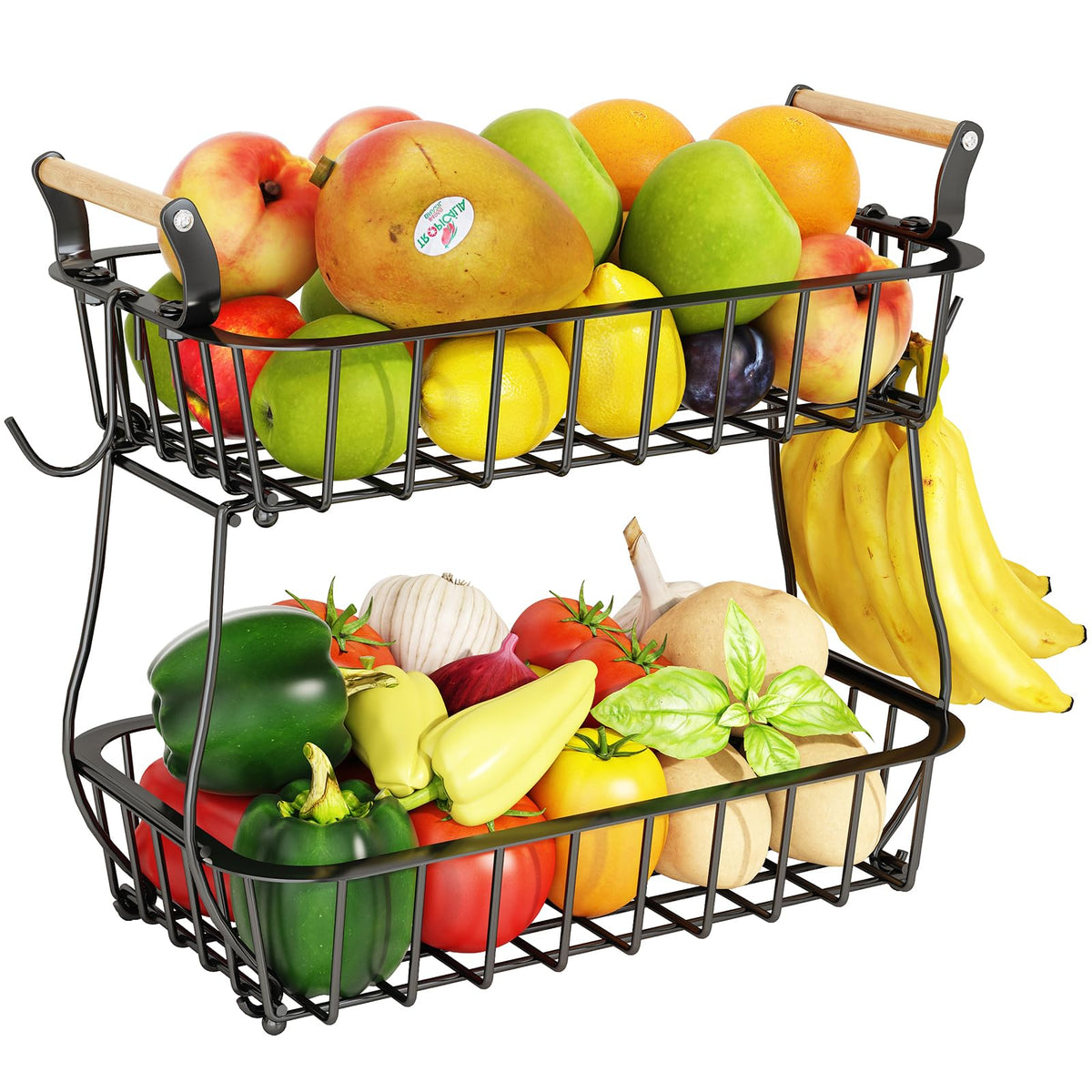 ANTOPY two-tier fruit basket on the counter with banana hangers for easy access.