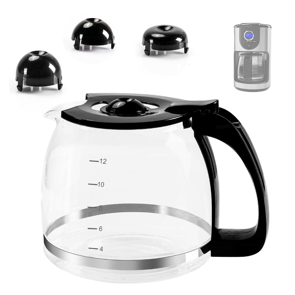 Antrys 12-cup glass carafe compatibility with popular drip coffee machines for easy replacements.