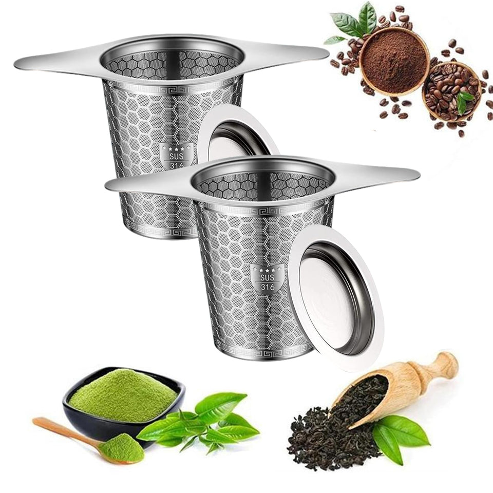 ANTYA 2-pack tea strainer with wide rim resting on a cup for steady brew.