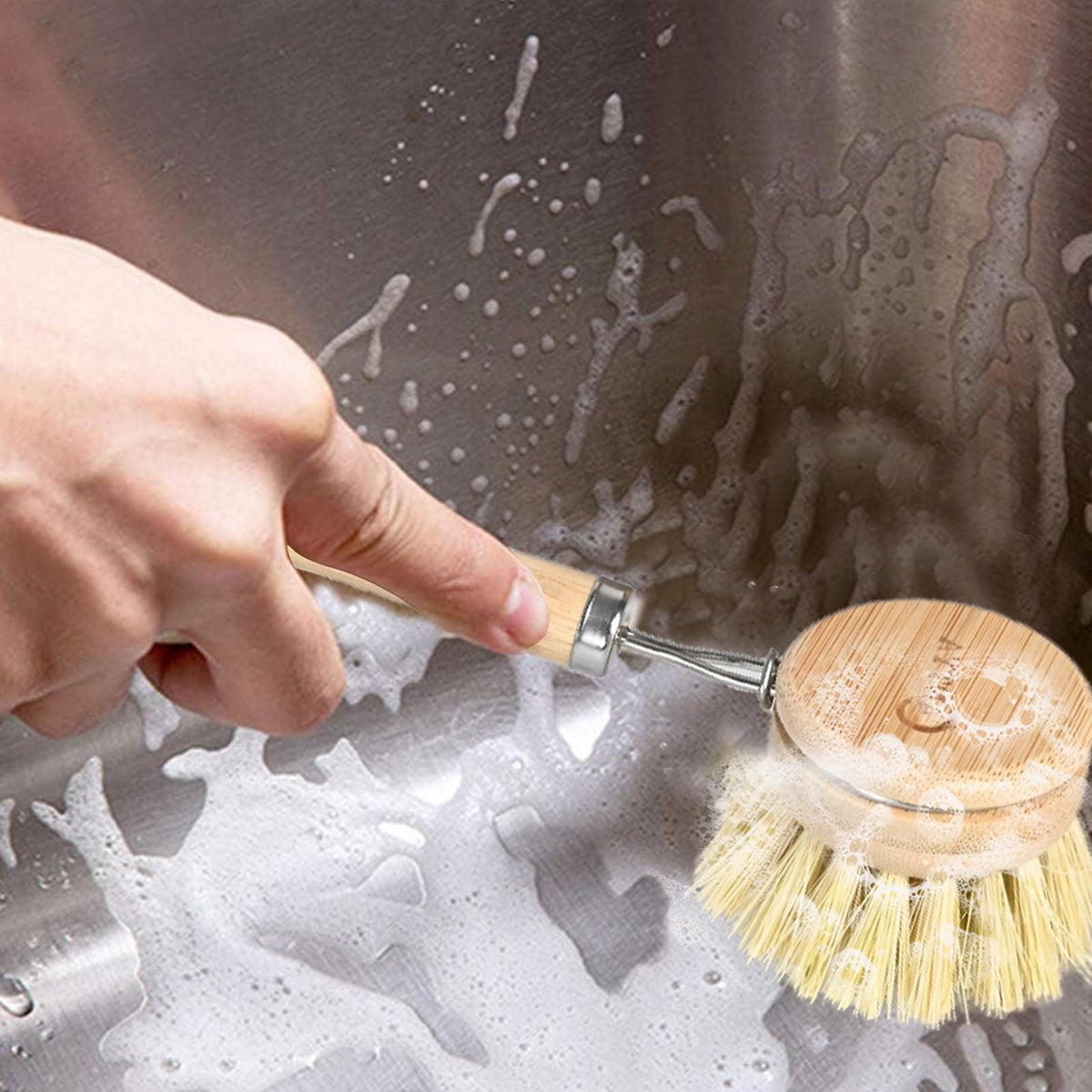 ANTYA bamboo dish brush compostable material minimizes environmental impact in cleaning