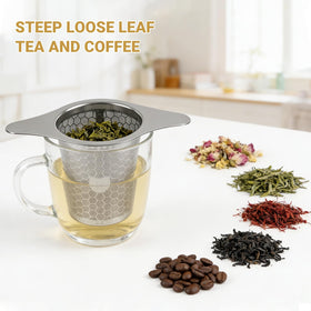 ANTYA loose-leaf infuser hex mesh prevents clogging while brewing in cups.