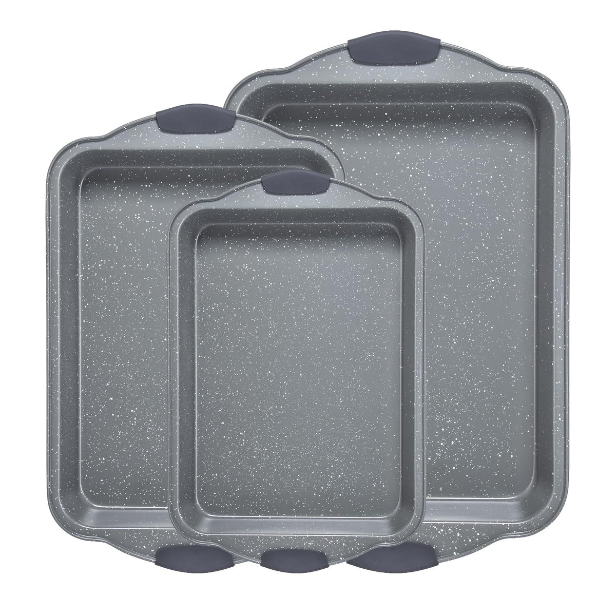 Anveena three-piece nonstick baking pans set ready for cookies, sheet cakes, and roasted veggies.
