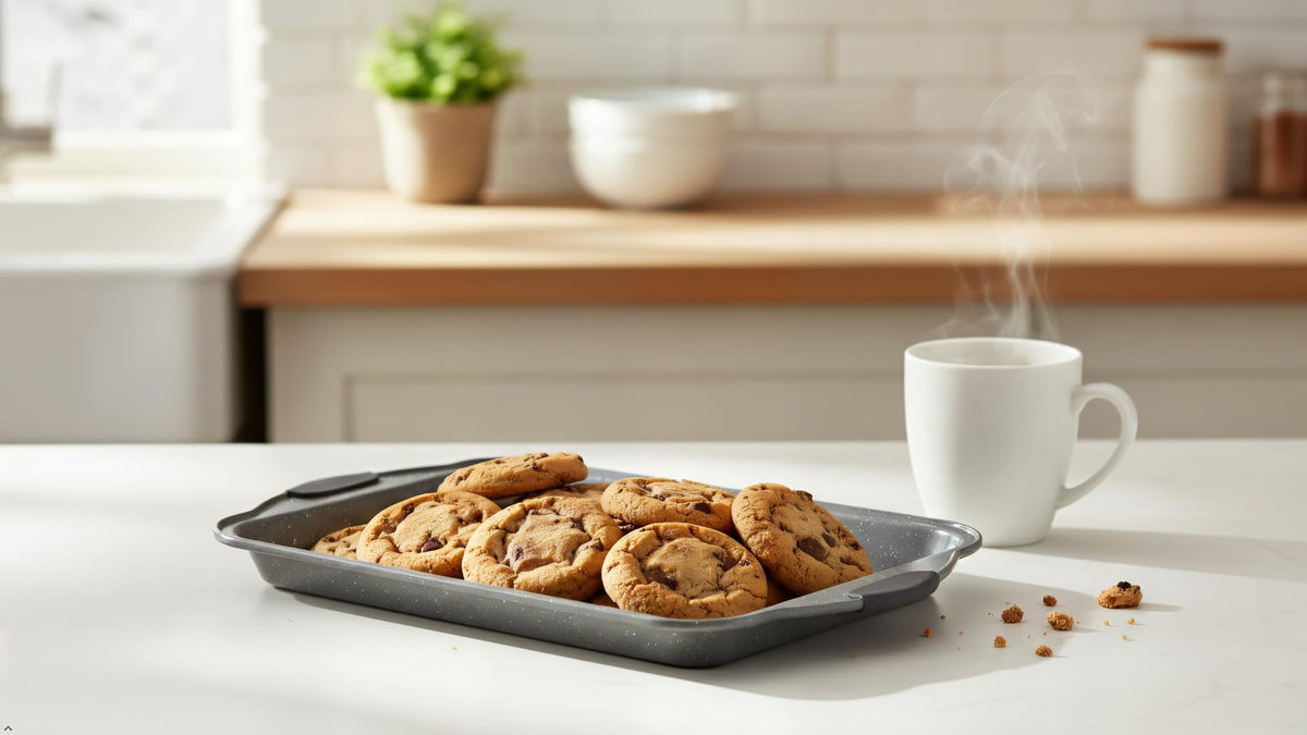 Anveena versatile bakeware for cookies, vegetables, sheet cakes, and savory roasts.