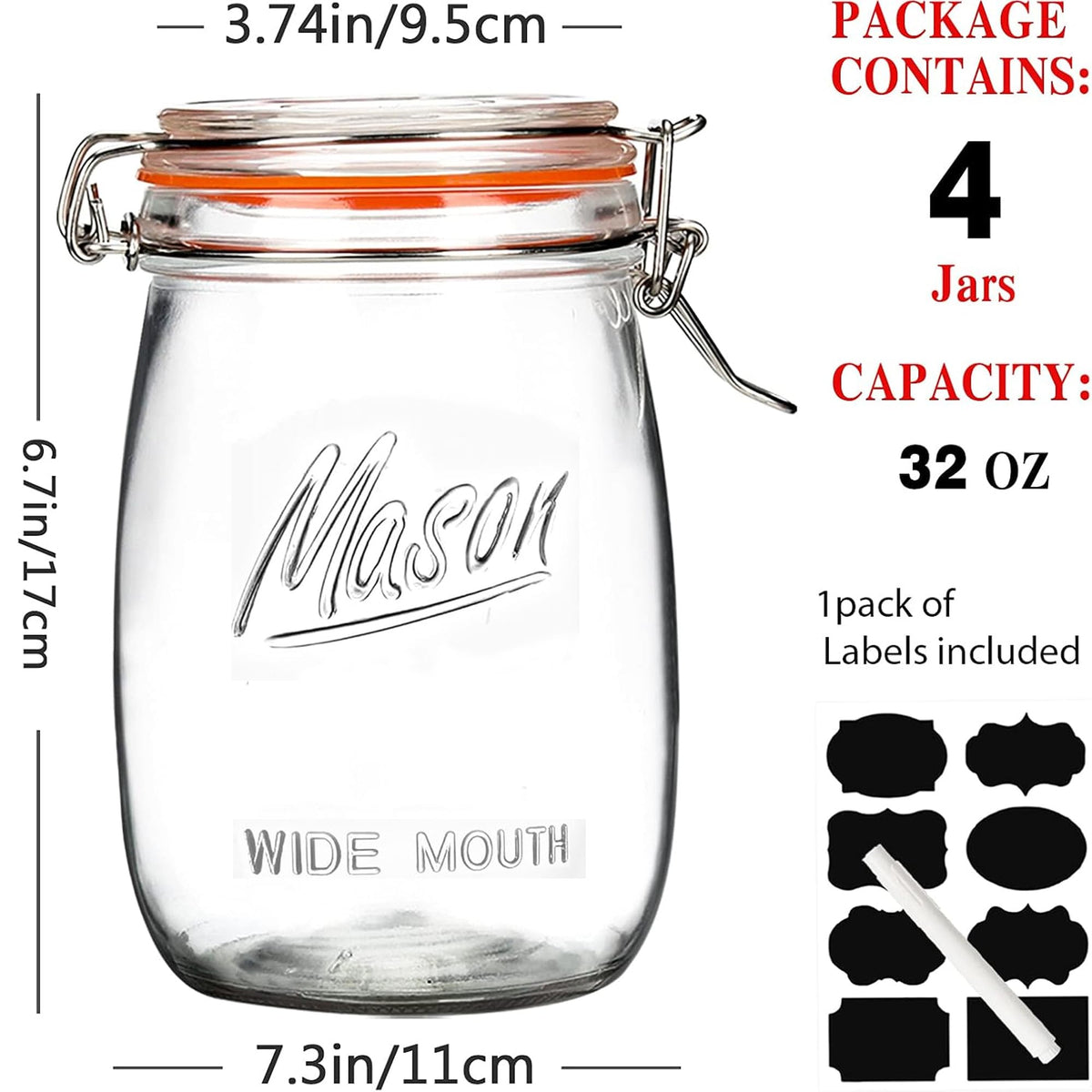Anwoi airtight-lid glass jar 32oz, transparent body keeps pantry contents visible and organized.