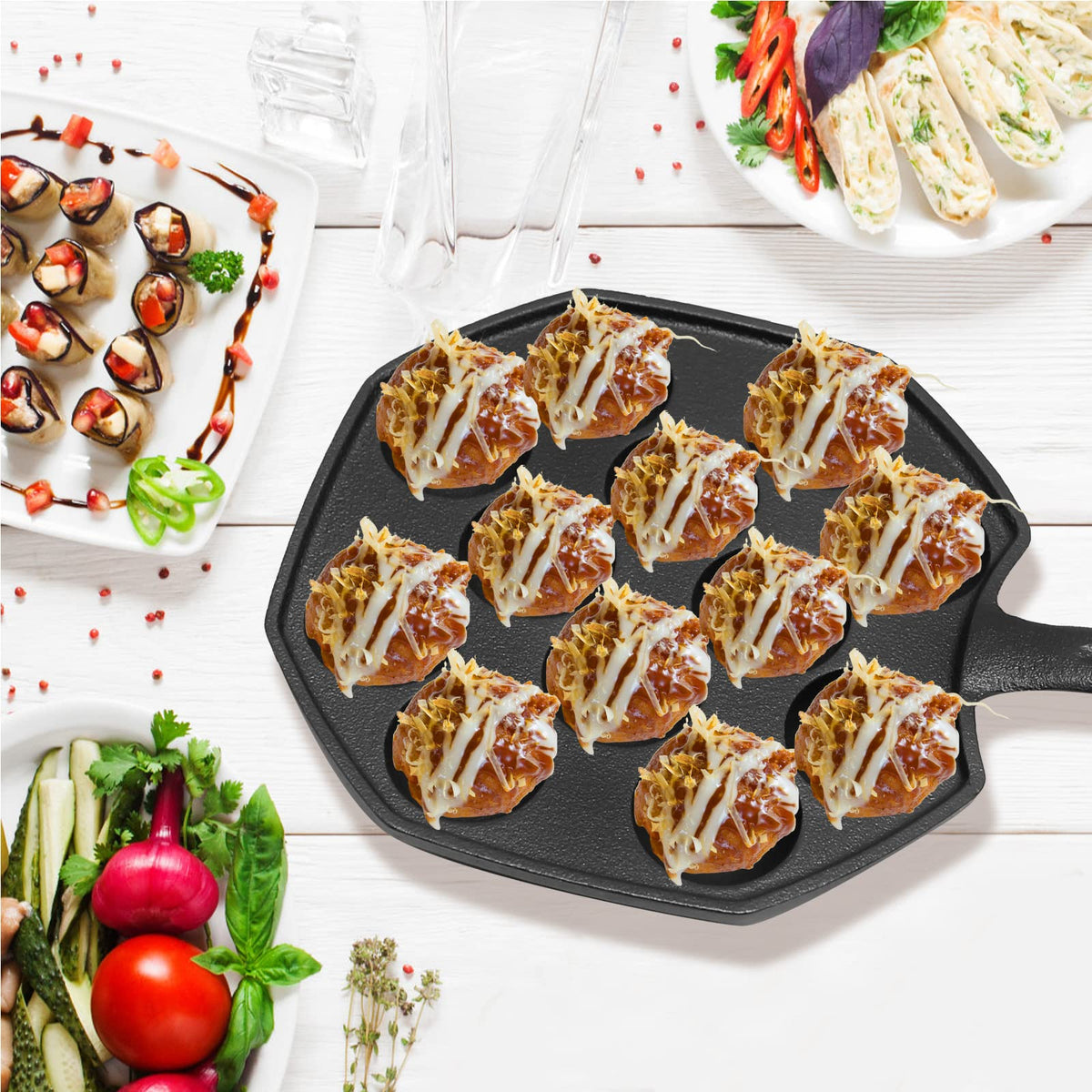Anxingo Takoyaki pan on stovetop ready for cooking in kitchen.