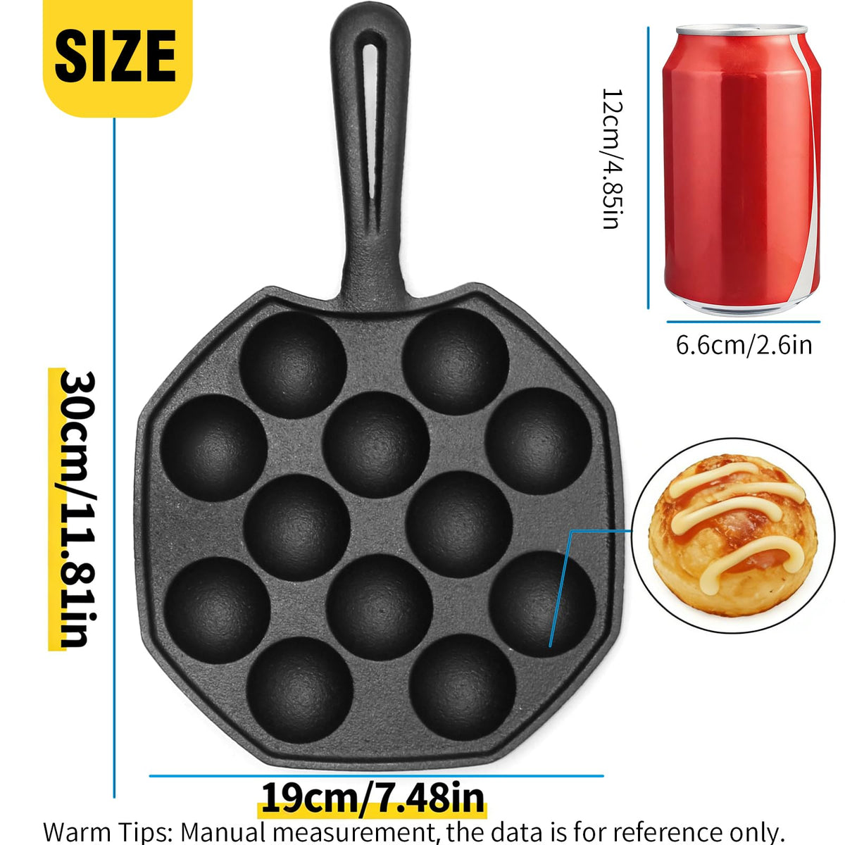 Anxingo Takoyaki pan side view highlighting sturdy long handle for flipping.