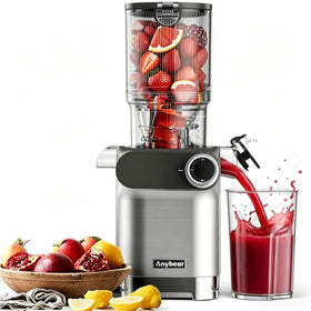 Anybear cold press juicer front view highlights compact design for modern kitchens.