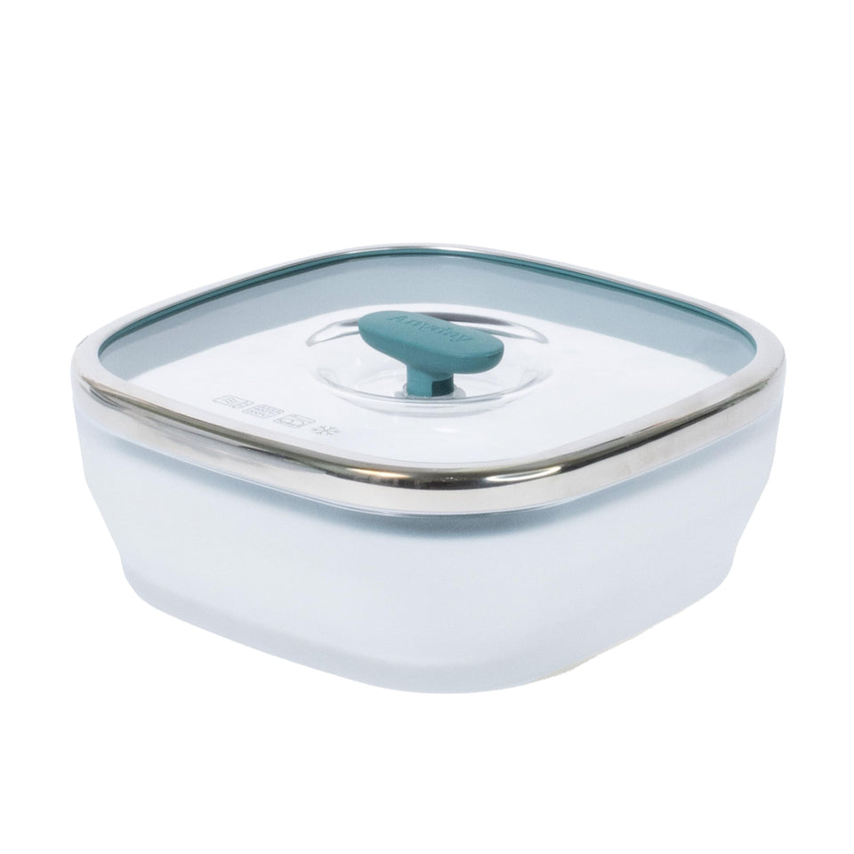 Anyday 5.5-Cup square glass container with lid on for airtight leftovers storage.
