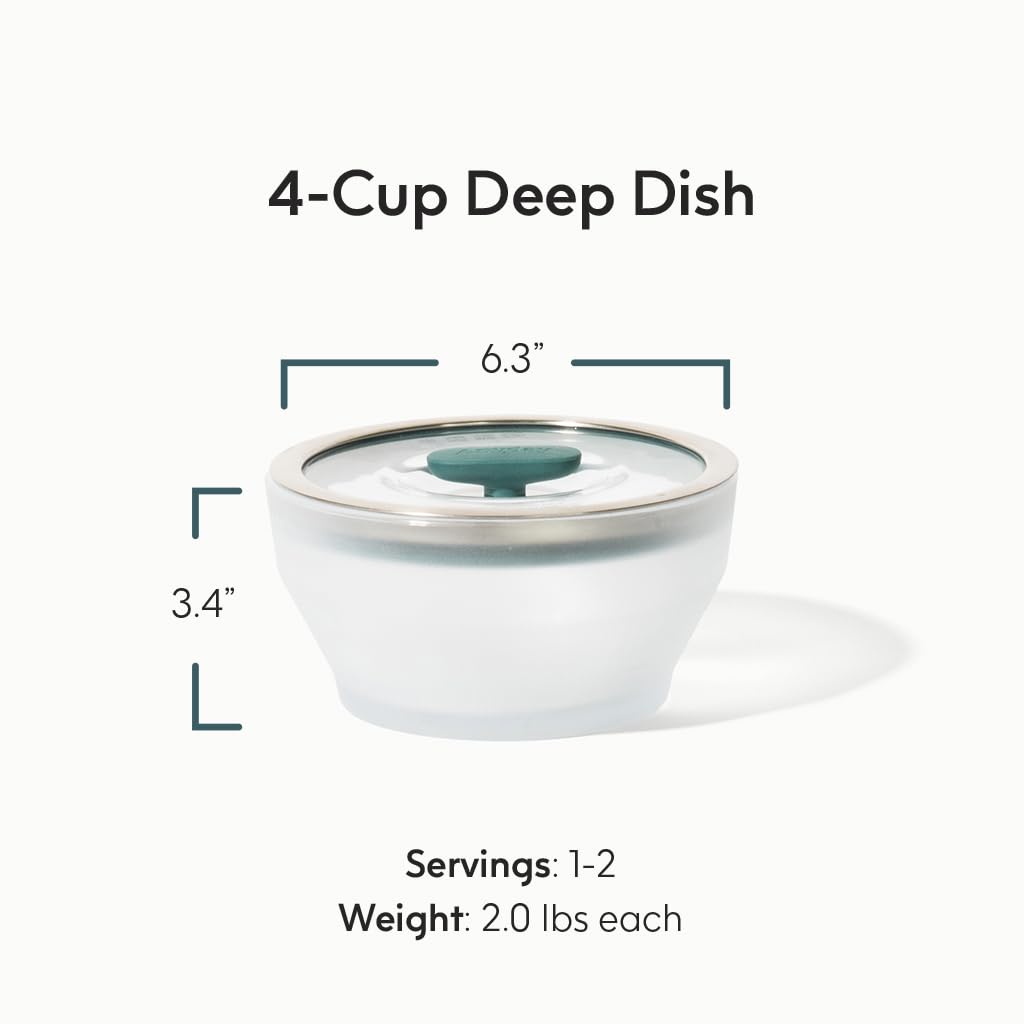Anyday airtight glass storage with silicone rim and vented knob keeps leftovers fresh.