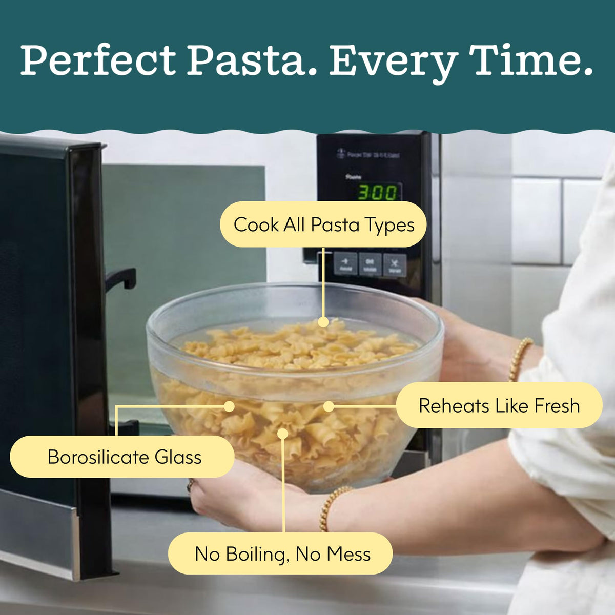 Anyday dishwasher-safe glass pasta container for easy cleanup.