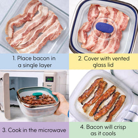 Anyday microwave bacon cooker in frosted borosilicate glass.