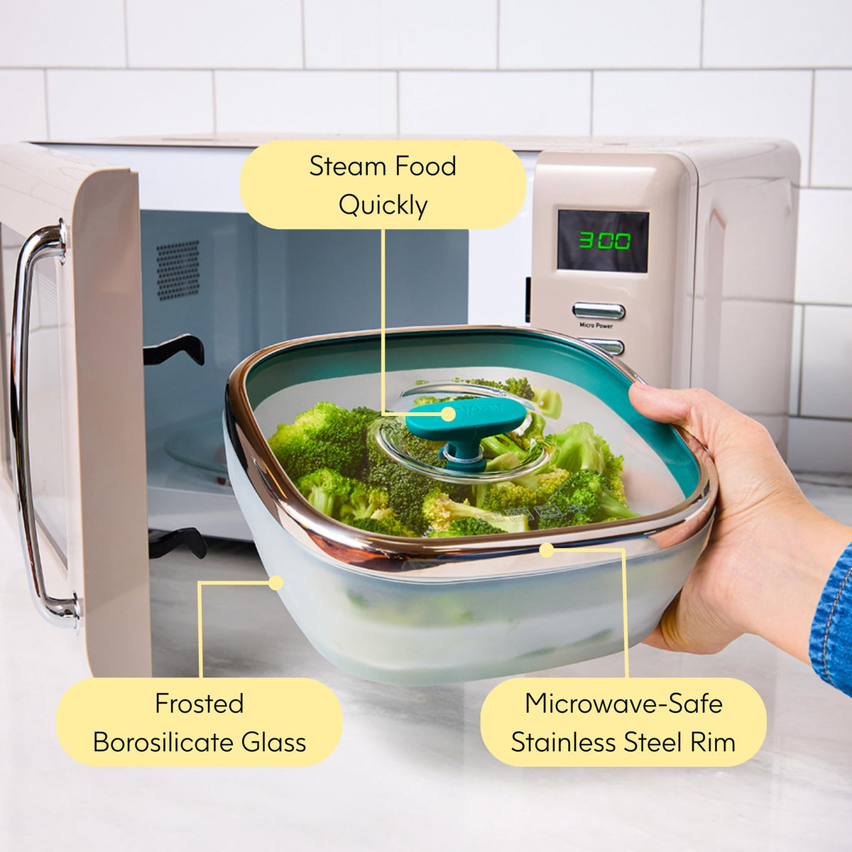 Anyday vented knob lid supports steam release during microwaving.
