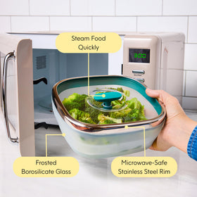 Anyday vented knob lid supports steam release during microwaving.