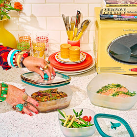 Anyday stackable glass storage saves kitchen space.