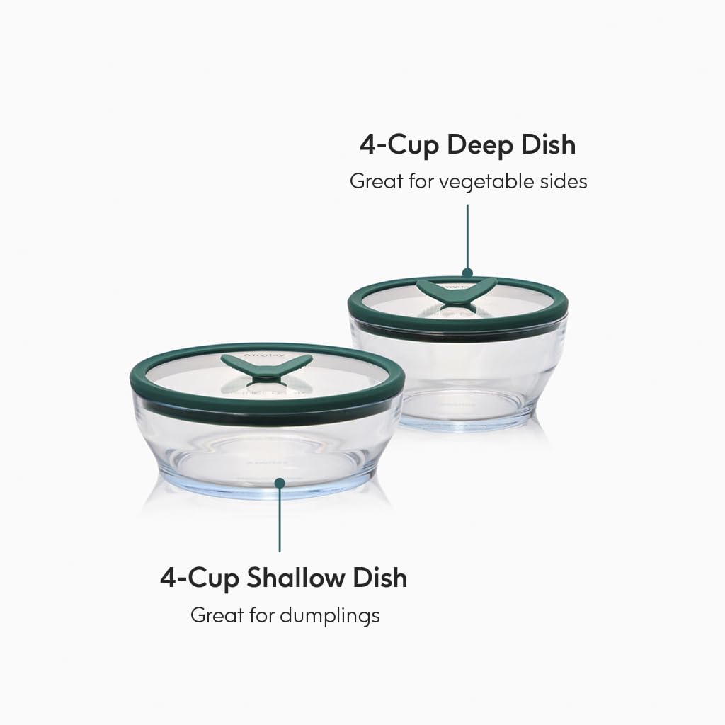 Anyday vented glass lid for microwave reheating reduces splatter and preserves moisture.