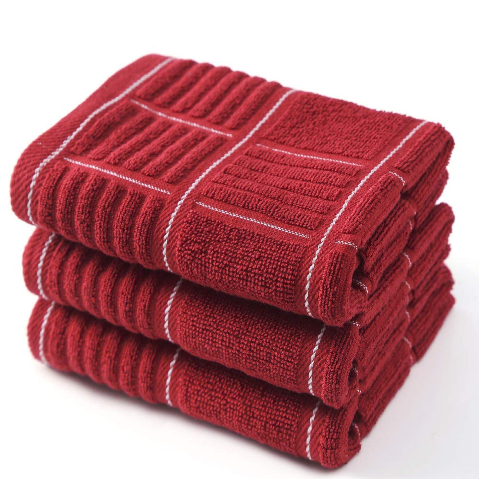 Anyi 100% cotton kitchen towels with hanging loop, 16x26, red and white, easy storage.