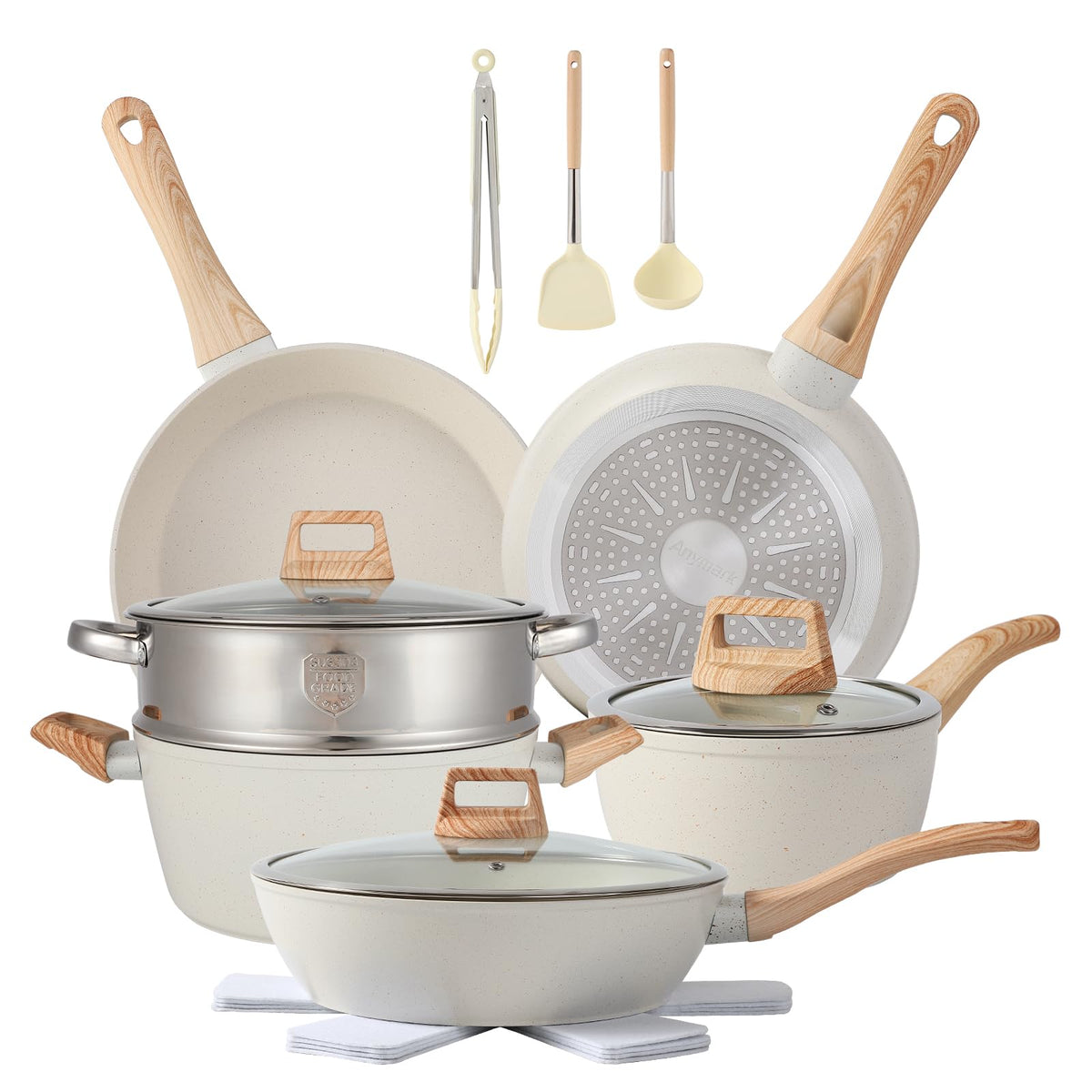 Anymark 16pcs nonstick pots and pans set for everyday cooking efficiency.