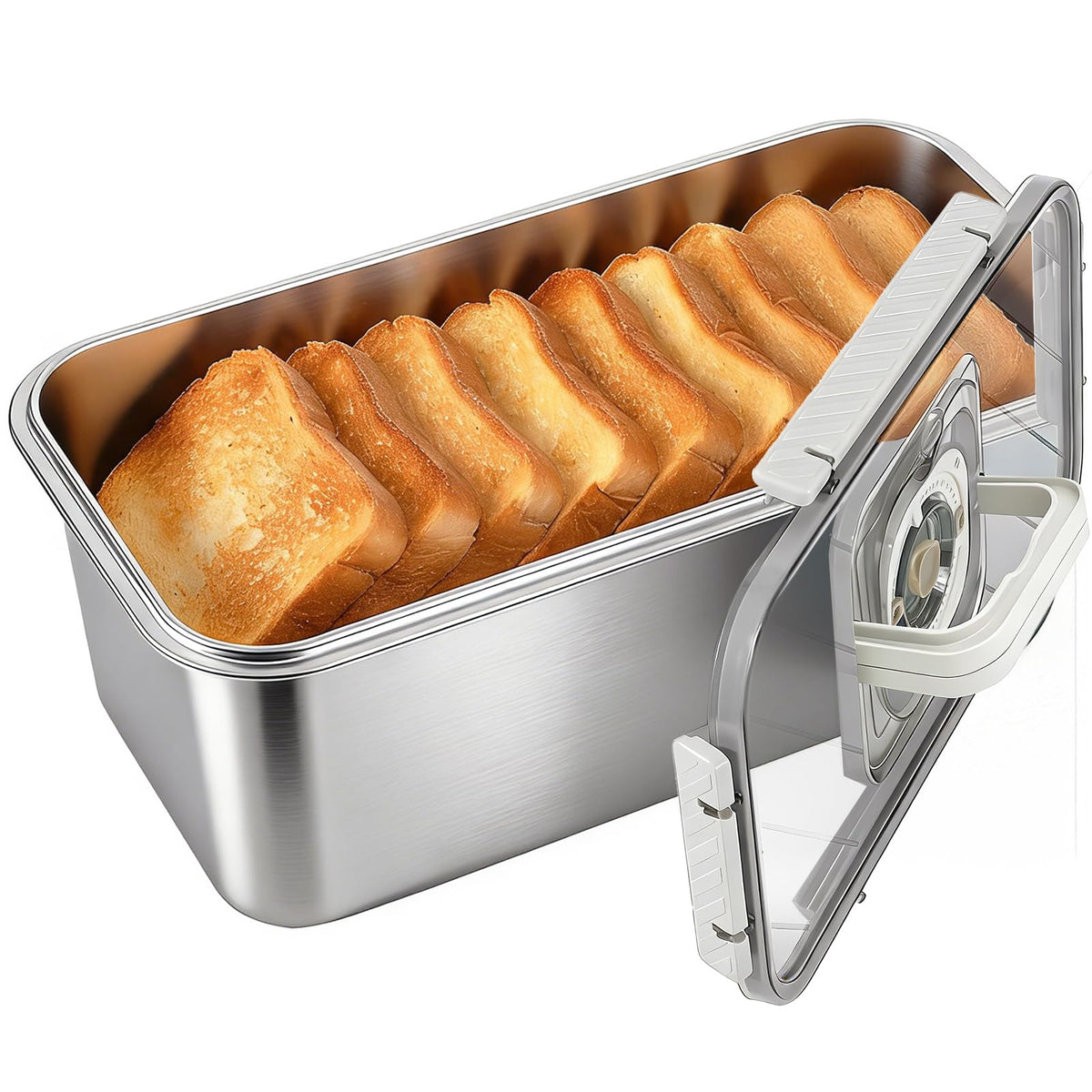 ANYPROLUS bread box front view in stainless steel keeps bread fresh