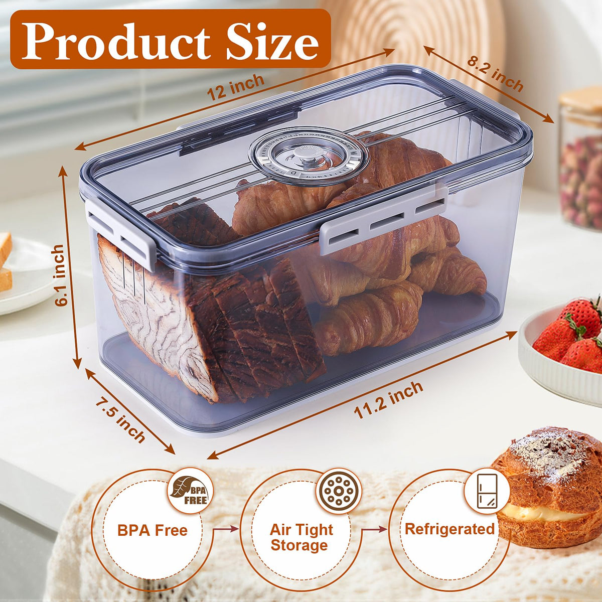 ANYPROLUS bread box airtight lid with silicone seal and buckles for long-lasting freshness.