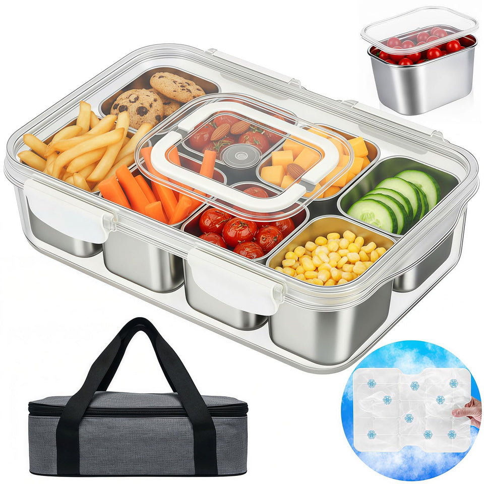Anyprolus Snackle Box with ice pack keeps fruit and charcuterie fresh during travel.