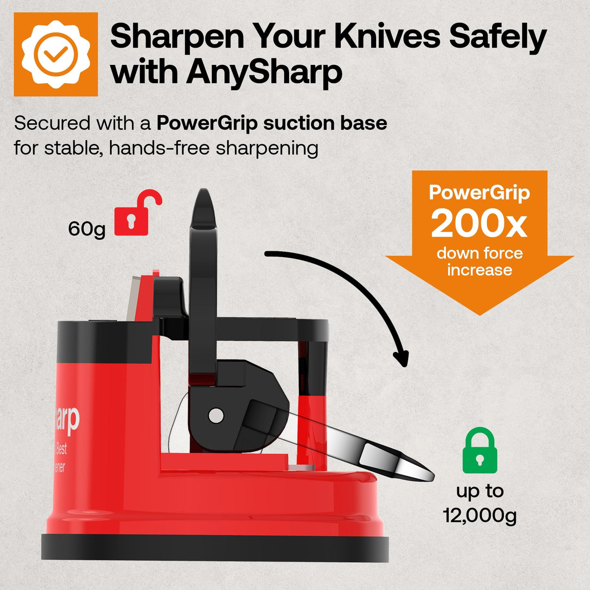 AnySharp hands-free sharpener in use for safe kitchen operation.
