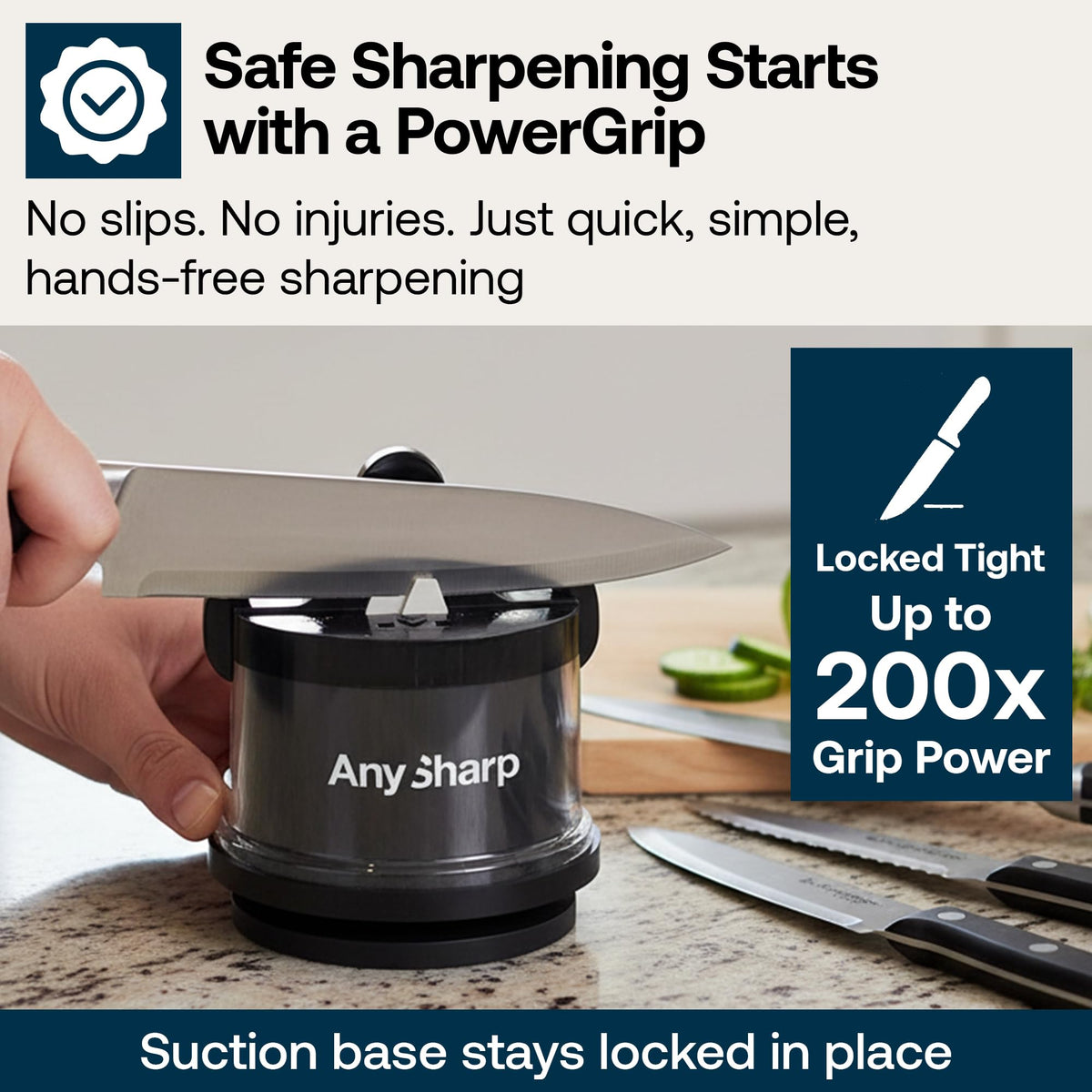 AnySharp PRO 20-degree pre-set angle guides consistent edge alignment.