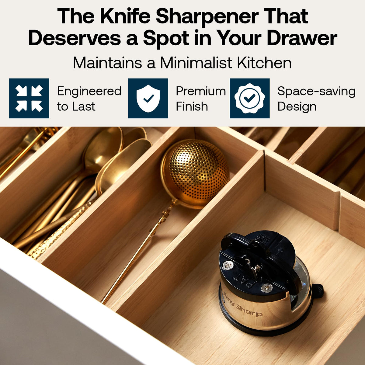 AnySharp PRO compact-drawer-storage image highlights space-saving design for easy storage.