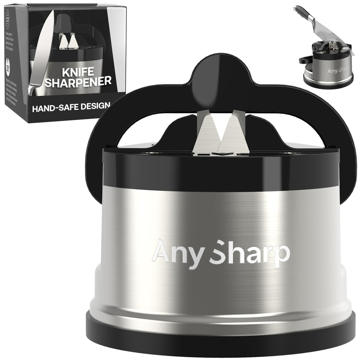 AnySharp PRO hands-free sharpener top view for safe, effortless knife sharpening.