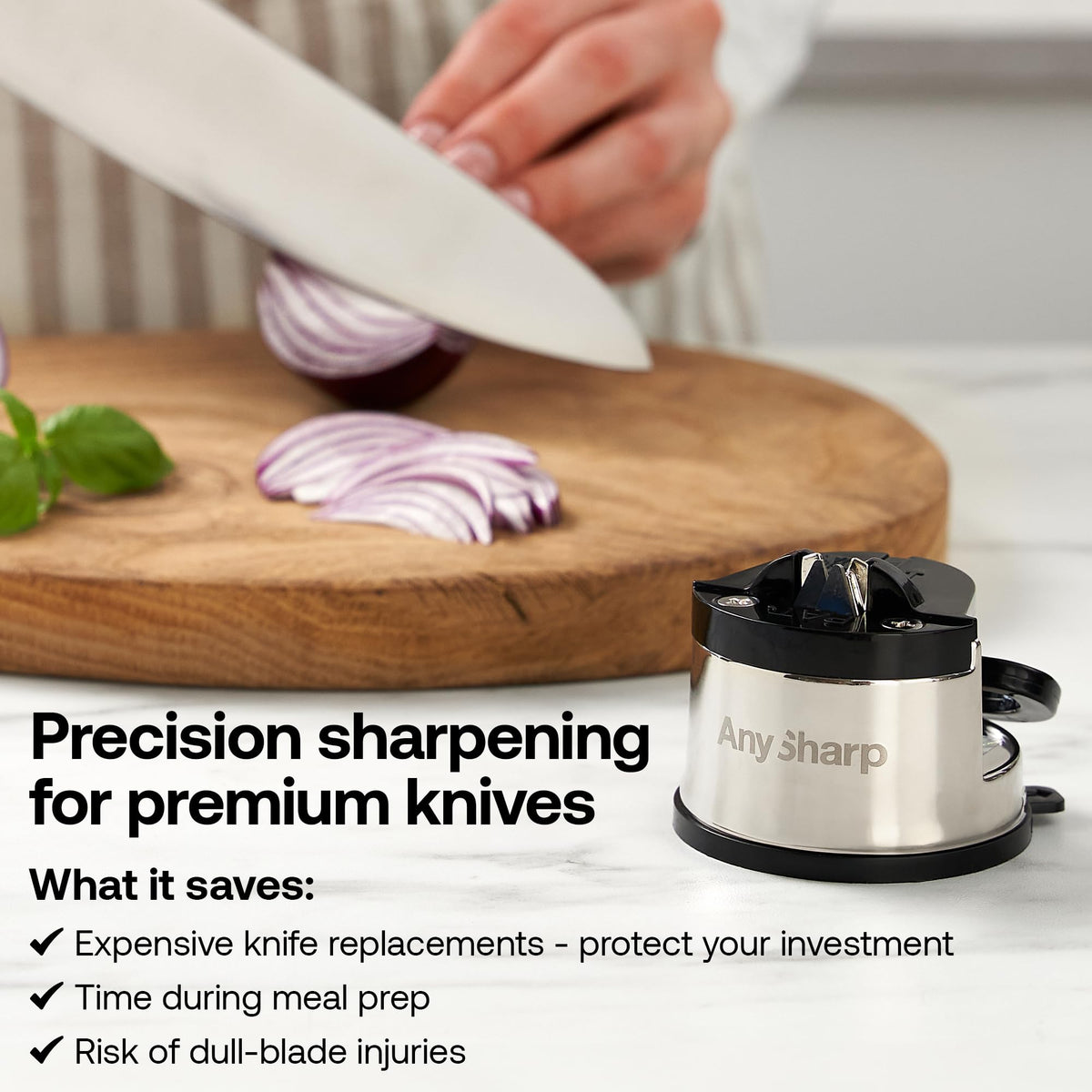 AnySharp PRO no-electricity-needed image emphasizes cord-free, simple sharpening.