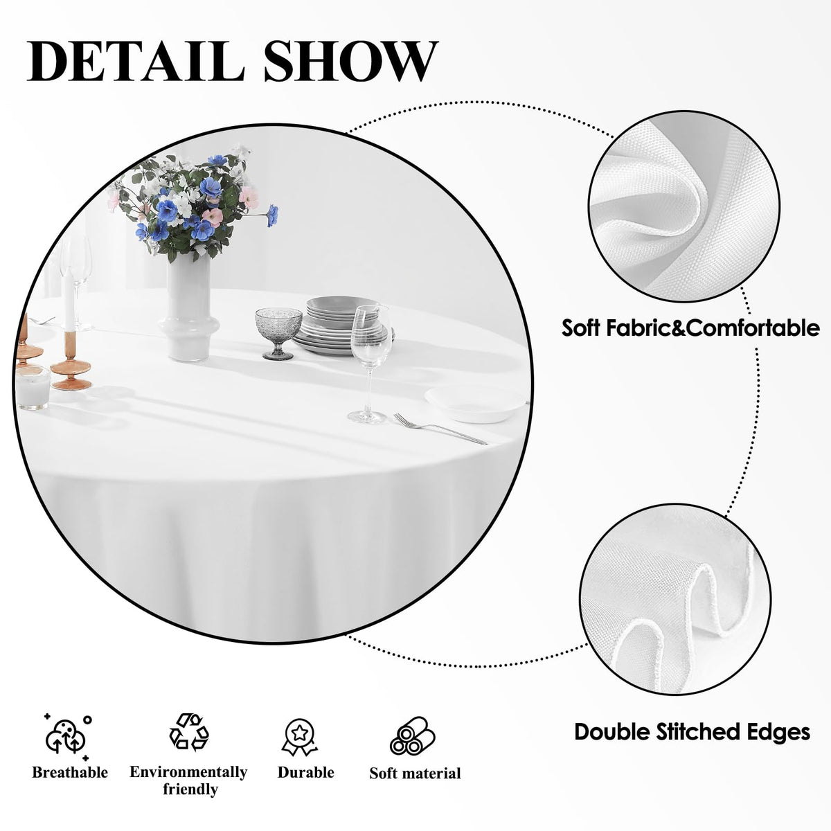 Aocoz white round tablecloth with a soft drape ideal for buffets