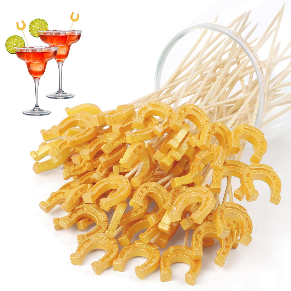 Aodaer 4.7-inch horseshoe picks with glitter gold finish for derby-inspired cocktails.