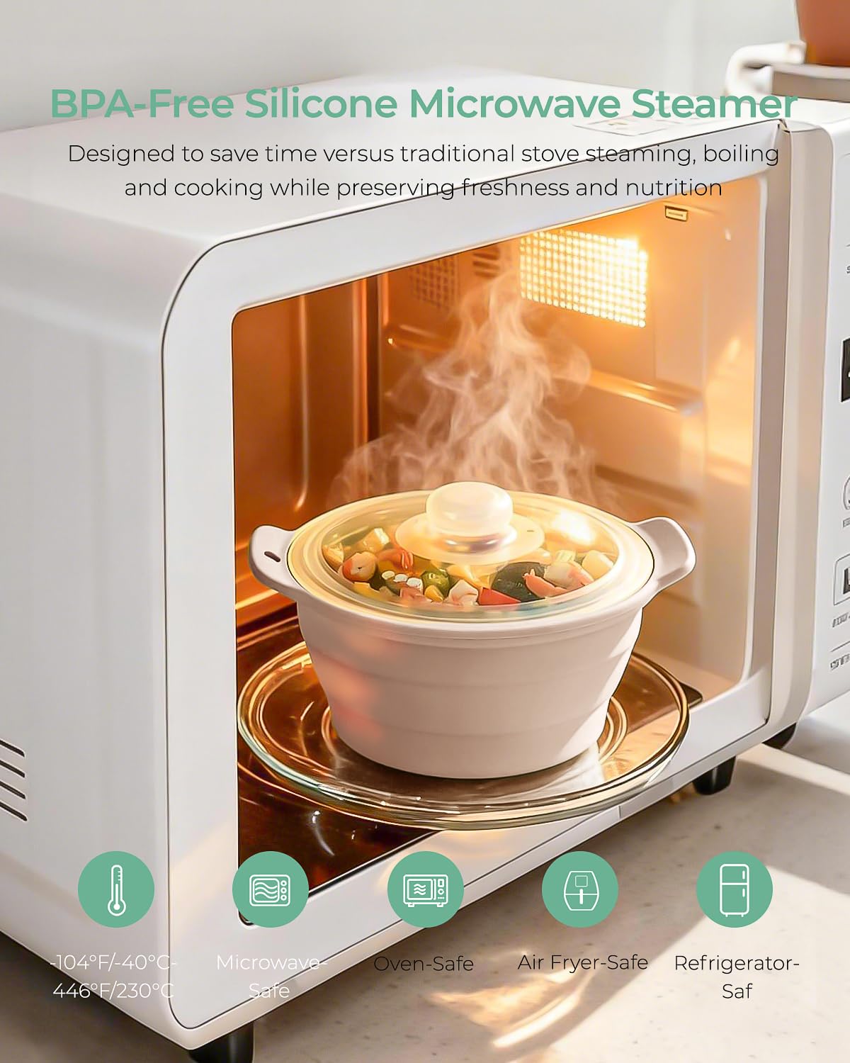 AODISTUCE collapsible 42oz steamer expands for batches and folds for compact storage.