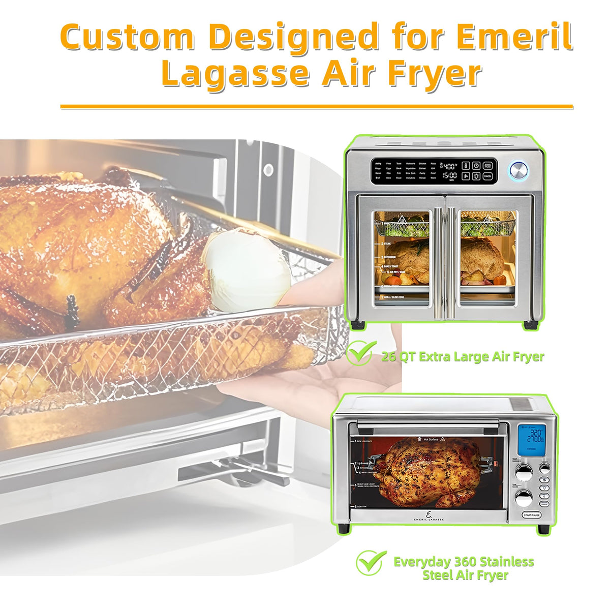 AODPWEN air fryer pan for Emeril Lagasse 26qt enables stable baking and roasting.
