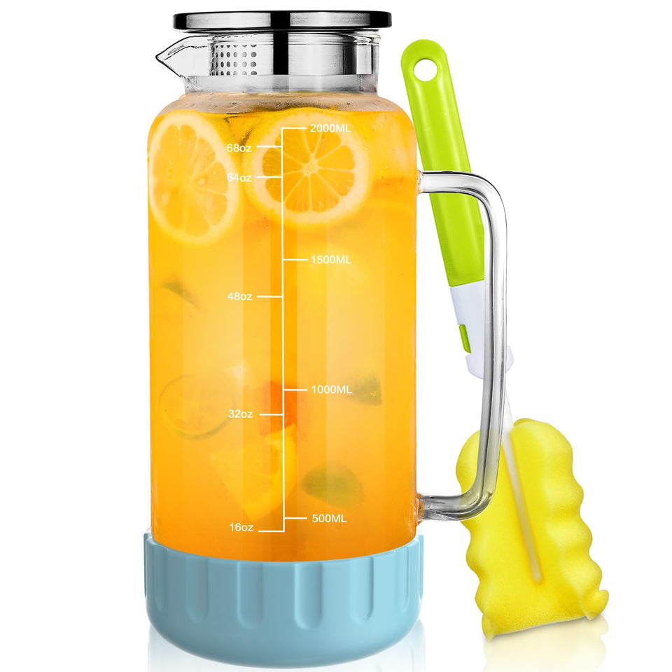 Aofmee 68oz glass pitcher with lid, ideal for fridge beverages.