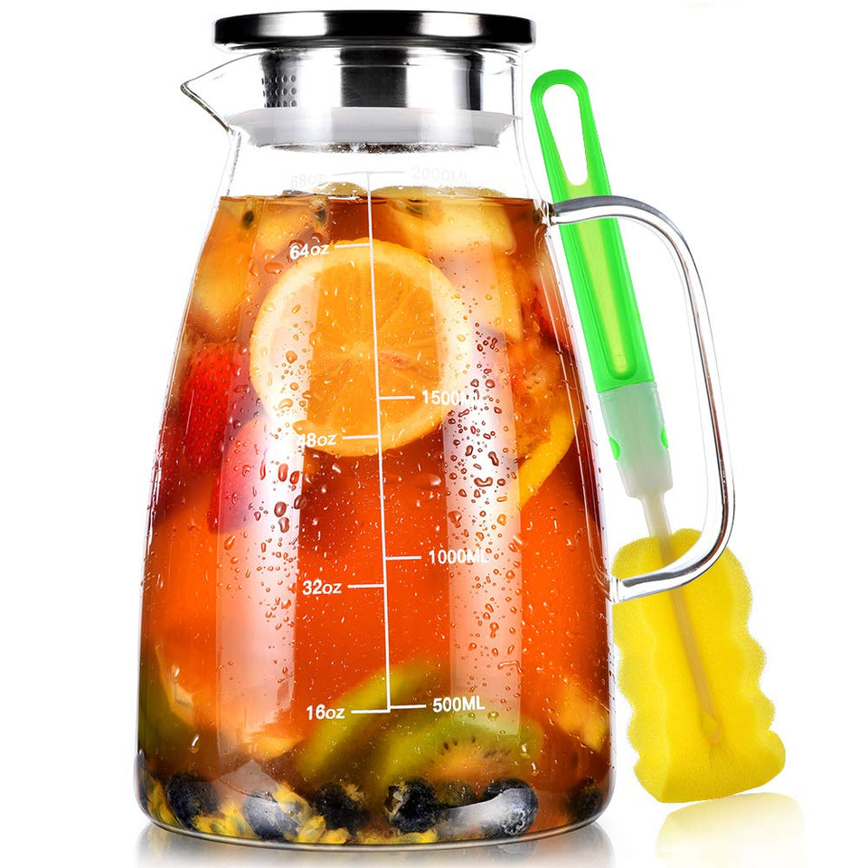 Aofmee glass pitcher with lid, 68oz, ideal for family servings and chilling.