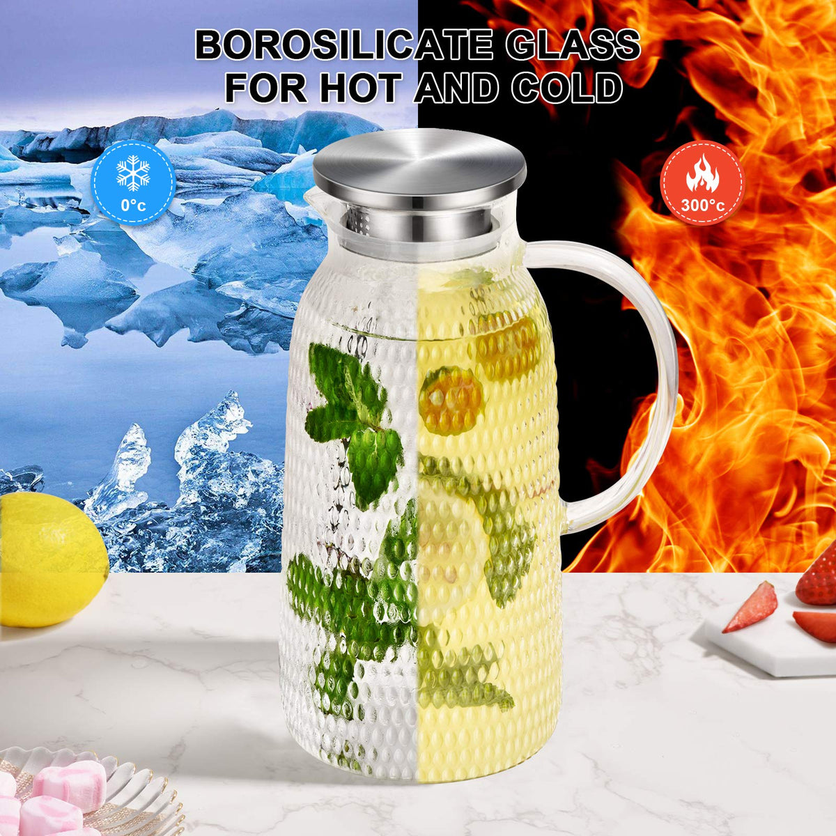 Aofmee pitcher with stainless steel filter lid to trap solids.