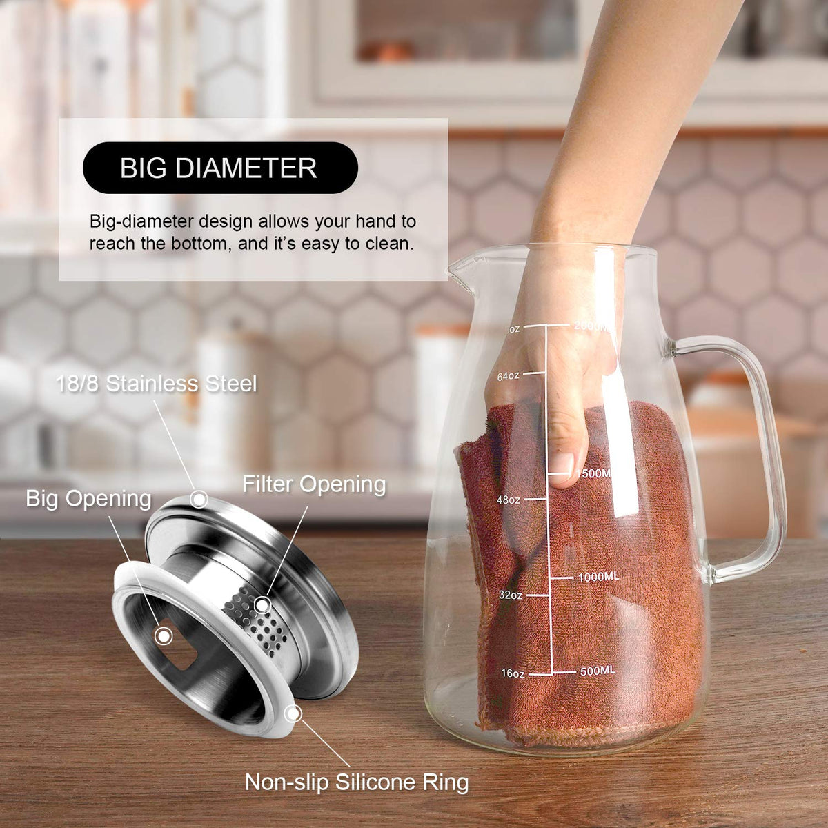 Aofmee glass carafe with wide mouth for easy cleaning.