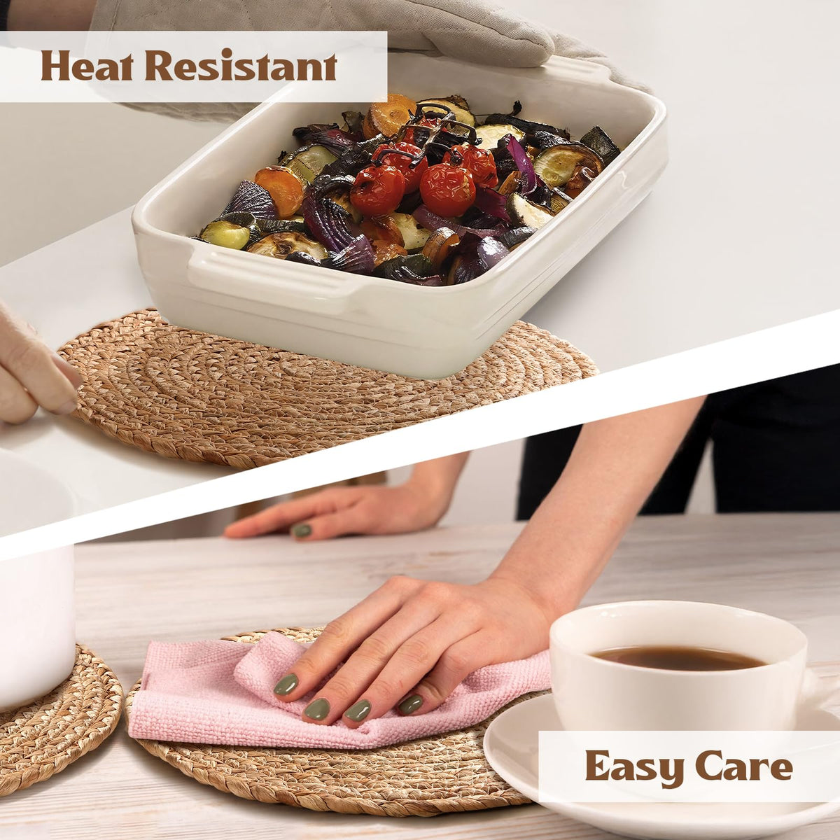 Aofmee woven placemats with non-slip base keep dishes steady.